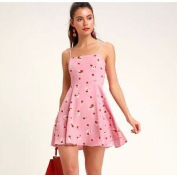 Lulus Pink Floral Spaghetti Strap Flare Skirt Mini Slip Dress Size L - Picture 1 of 12